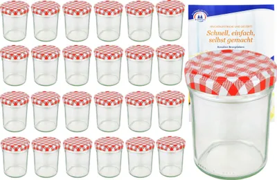 Zdjęcie produktu dla zestaw 25 szklanek 230 ml HOCH To 66 z pokrywką w czerwoną kratkę, w tym książeczka z przepisami Diamant Gelierzauber