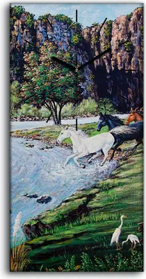Produktbild von Wandbild Leinwand Bilder Wanduhr 30x60 Malerei Berge Pferde Fluss Bäume Natur - schwarze Hände