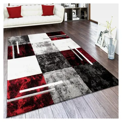 Produktbild von Teppich für Wohnzimmer und Schlafzimmer in moderner Vintage-Optik mit geometrischem Muster und 3D-Effekt, Größe: 120x170 cm, Farbe: Grau-Rot