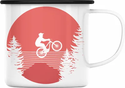 Produktbild von Trendation - Moutainbike Geschenk Emaille Tasse Mountainbiker Geschenkidee Kinder Emaille Emaille Tasse Männer Accessories Grafik MTB Herzschlag (Schwarz)