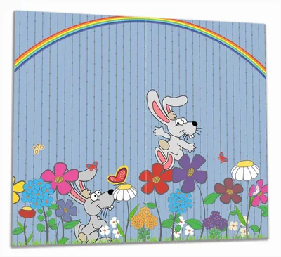 Produktbild von Wallario Herdabdeckplatte aus Glas, Größe 60 x 52 cm 2-teilig, Motiv Süße Hasen unter einem Regenbogen