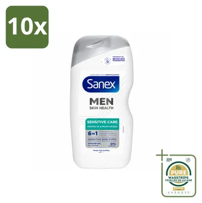 Imagen del producto de 10 unidades de gel de ducha Sanex Men Sensitive, 400 ml cada uno. Pack ahorro