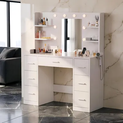 Zdjęcie produktu dla Stolik kosmetyczny JUMMICO z lustrem i oświetleniem LED, 7 szuflad, wymiary: 108 x 40 x 1 cm