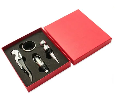Image de set d'ouvre-bouteille 4 pièces avec boîte cadeau | Set cadeau d'accessoires pour le vin avec tire-bouchon, bec verseur, bouchon de bouteille et anneau anti-goutte | Le cadeau parfait pour les amateurs de vin