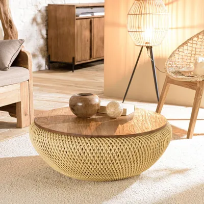 Image de SIXTINE - Table basse ronde diam80 plateau bois teck recyclé rotin
