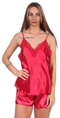 Produktbild von Damen Satin Nachtwäsche Pyjama Set Shorty mit Spitze; Weinrot/S