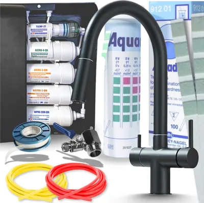 Produktbild von 3 Wege Küchenarmatur Ari Slender ausziehbar, 360 Grad schwenkbar, Keramikkartusche, mit Anschluss für Wasserfilter, schwarz matt
