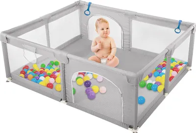 Produktbild von Baby Laufgitter Laufstall Absperrgitter 150*200cm Rutschfester Basis atmungsaktivem Netz Sicherheitsspielplatz Grau