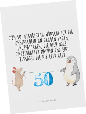 Produktbild von Mr. & Mrs. Panda Postkarte 50. Geburtstag Maus Pinguin - Weiß - Geschenk, Geschenkkarte, Einladung, Einladungskarten Geburtstag, Einladungskarte, Kuchen, Grußkarte, Party