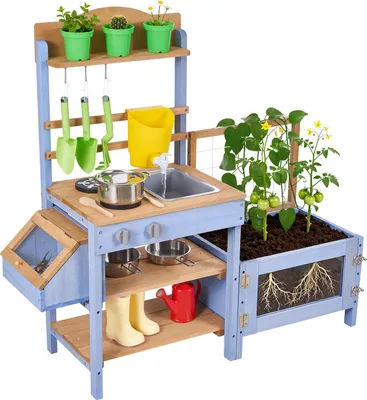 Produktbild von VEVOR Spielküche, Kinderküche, Spielzeugküche aus Holz mit Pflanzkasten, Wassertank, Spülbecken, Kochgeschirr & Zubehör, Holzküche für Rasen & Garten, für Kinder ab 3 Jahren, 1060x370x995mm