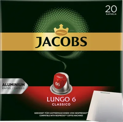 Produktbild von Jacobs Kaffee Lungo 6 für Nespresso 20-Kapseln (104g Packung) + usy Block