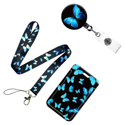Produktbild von Ausweishülle mit Riemen, 1 Stück, ausziehbare Ausweishülle, Busfahrkartenhülle, Schlüsselanhänger für Schüler, Lanyard mit Kartenhalter und Riemen für Ausweise, Büro, Schule (blauer Schmetterling)