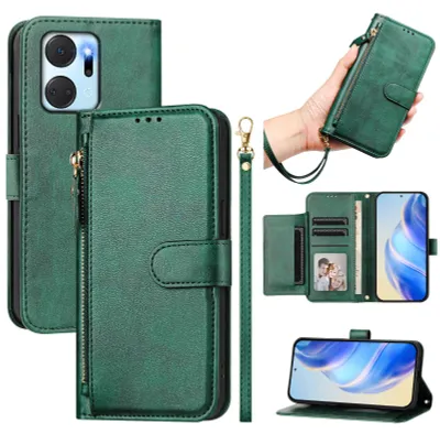 Produktbild von Wallet Hülle für Honor X7A, Flip Stand Kunstleder Kartenhalter Brieftasche Reißverschluss Grün