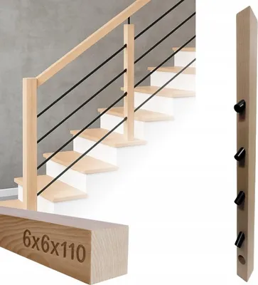 Obrázok produktu pre Štvorhranné drevo - Drevený stĺpik - na zábradlie - 6 x 6 x 110 cm - Bukové drevo - Kompletná montážna súprava - Montáž rúrok ⌀ 25 mm pod uhlom 32°