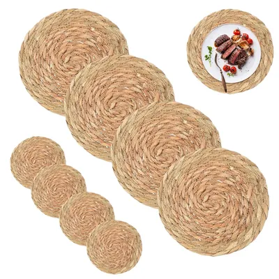 Runde Platzsets 8-teilig, handgeflochten, Naturmaterial, 20 cm + 10 cm
