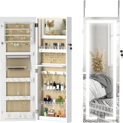 Image de Armoire à bijoux avec miroir - montage mural ou sur porte - éclairage LED - verrouillable - bois - blanc