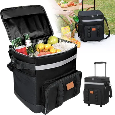 Produktbild von Trolley Kühlbox mit Rollen, Picknicktasche Kühltasche, groß 35L Kühlbox Faltbar mit Räder | bis zu 20h Kühldauer für Picknick Camping Strand BBQ