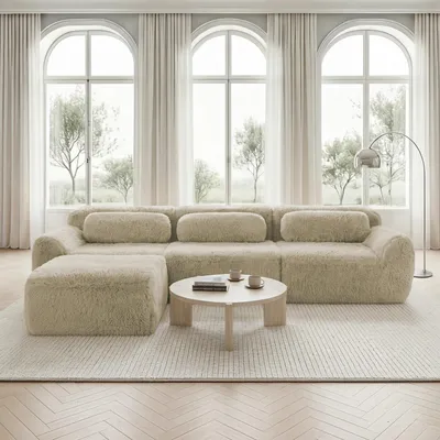 Produktbild von MODFU Dreisitzer Ecksofa,Modulares Sofa mit Geschwungene und 1 Ottoman,L-förmiges Relaxsofa mit Rutschfester Boden & Kissen,Plüschstoff,Hellkhaki