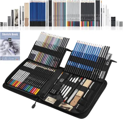 Produktbild von Buntstifte-Set 84 Stücke, mit Skizzenbuch und Etui, für Zeichnen