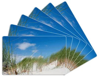 Produktbild von Wallario Frühstücksbrettchen 6er Set aus Glas, je 14 x 23 cm, mit rutschfesten Füßen, Motiv Düne am Strand unter blauem Himmel