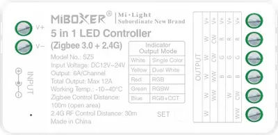 Produktbild von MiBoxer SZ5 5-in-1 LED-Controller – Zigbee 3.0  und  2.4 GHz, Einfarbig, CCT, RGB, RGBW, RGB+CCT, 12–24 V, 12 A