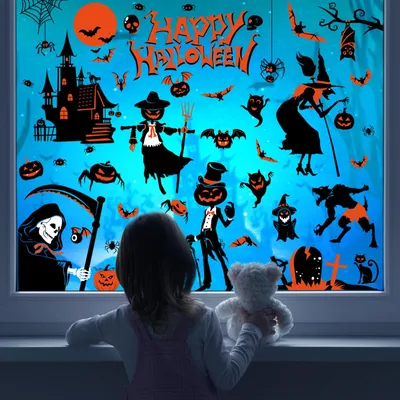 Halloween-Fensteraufkleber-Set, 9 Bögen, PVC, wiederverwendbar, 30x20 cm