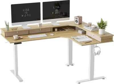 Produktbild von Höhenverstellbarer Schreibtisch mit 3 Motoren, L-Form, 160 x 120 cm, Weiß/Hellbraun