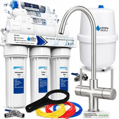 Produktbild von Wasserfilter Set RO7 mit 3-Wege Küchenarmatur Ari Slender Inox, 7-stufige Umkehrosmose mit Mineralisierung