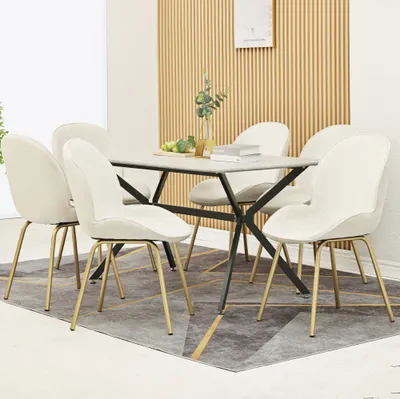 Productafbeelding van AIORBER Eetkamerstoelen (set van 6), met ronde rugleuning, fluweelzitting met rugleuning, metalen frame, geschikt voor eetkamer en woonkamer, afmetingen 48x43x90cm, beige
