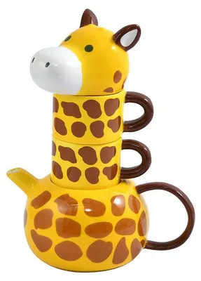 Teekanne Giraffe 500 ml mit 2 Tassen, handbemalt, Keramik, Gelb