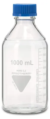 Productafbeelding van Laborfles 1000 ml, type Boro 3.3, met GL45-aansluiting en blauwe schroefdop, chemische fles