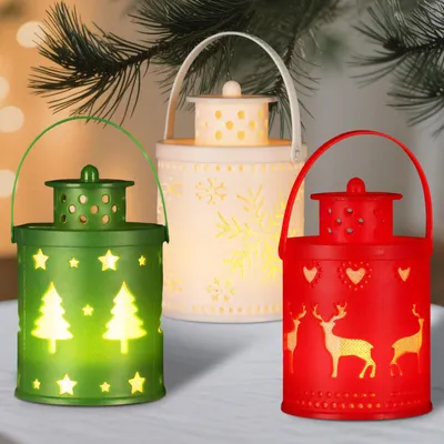 3er Set Weihnachtslaternen mit LED, Elch, Tannenbaum, Deko
