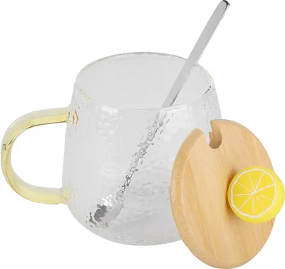 Image de Tasse mignonne de 400 ml en verre borosilicaté, résistante à la chaleur, avec cuillère en acier inoxydable et couvercle en bambou (citron)