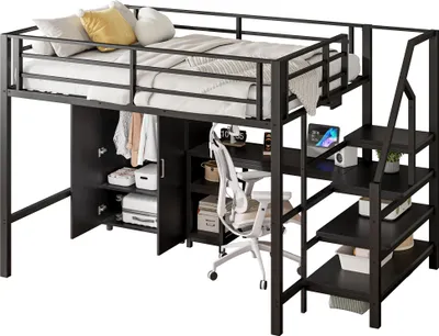 Produktbild von Merax Etagenbett Hochbett 140x200 cm, Kinderbett mit Schreibtisch, Kleiderschrank, Ablageleiter, Regal, Metall Jugendbett, Stockbett, Schwarz