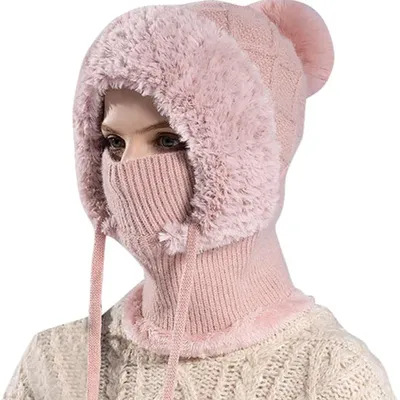 Obrázek produktu pro Dámská čepice 3 v 1, zimní čepice (růžová), pletená čepice se šálou a maskou na obličej, nepromokavá čepice s ochranou obličeje, ideální pro outdoorové aktivity, skvělý vánoční dárek