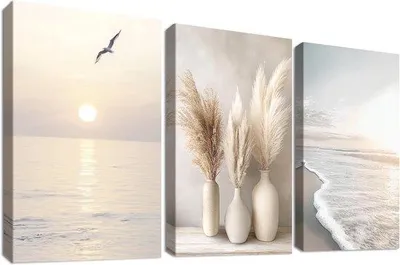 Produktbild von Famanu Wandbild Boho mit Strand- und Pampasgras-Thema - 90 x 40 cm