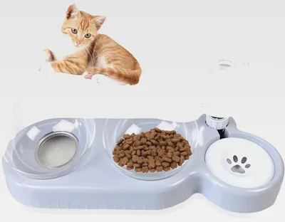 Produktbild von 3 in 1 Katzennapf, Katze Futternapf und Wassernapf Set Erhöhte Katzen Napfset Katzenfutter Fressnapf mit Wasserflasche Katzennäpfe für Kleine und Mittelgroße Katzen Hunde (grau)