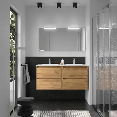 Image de Ensemble de meubles de salle de bain BALTIC 1200, comprenant 4 tiroirs, finition chêne africain, ainsi qu'un lavabo et un miroir