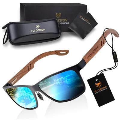 Produktbild von Sonnenbrille Herren Polarisiert UV400, Blaue Gläser Holz Sonnenbrille Nerd-Stil, Walnussholz-Bügel inkl. Etui & XXL-Zubehör, EVI DESIGN Blau