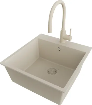Produktbild von PRIMAGRAN Granitspüle Beige 48x50cm, Spülbecken 1 Becken + Küchenarmatur 38x14cm + Ablauf-Set, Küchenspüle ab 50er Unterschrank - Riga