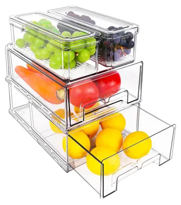 Produktbild von 4-teiliger Kühlschrank-Organisator, stapelbare, transparente Kühlschrank-Schublade, Aufbewahrungsbehälter für Obst und Gemüse mit Deckel