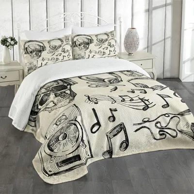 Produktbild von ABAKUHAUS Musik Tagesdecke Set, Flüchtiger Hintergrund Hippie Schädel Mit Plattenspieler Mic Sprecher Druck, 220 x 220 cm, Schwarz Beige