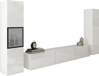 Produktbild von MIRJAN24 Wohnwand Berlin III, Stilvoll Wohnzimmer-Set, TV-Schrank, Modern Mediawand (Weiß / Weiß Hochglanz, ohne Beleuchtung)
