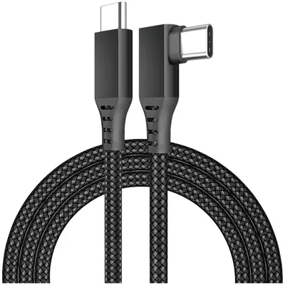 A black USB-C cable with a right-angle connector on one end and a straight connector on the other, coiled on a white background.