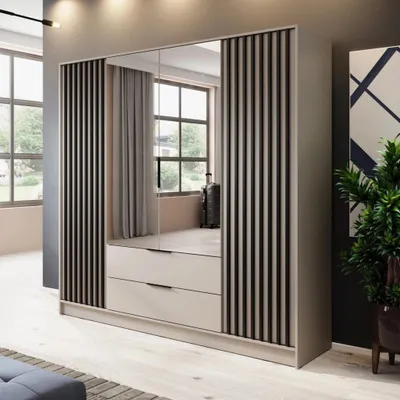 Produktbild von Kleiderschrank Stilo Kaschmir Beige mit Spiegel & Lamellen – 206 cm, 4 Türen, 2 Schubladen, Trend