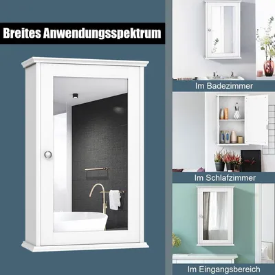 A collage of images showing a white bathroom cabinet with a mirror in different settings: a main shot, a bathroom, a bedroom, and an entrance area.