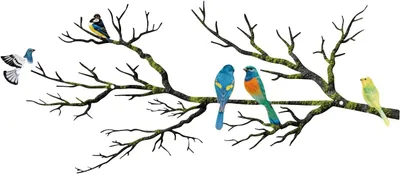 Produktbild von Wanddekoration Vögel auf Ast, Metall, 5 Vögel mit Blättern, bunt, für Innen- und Außenbereich