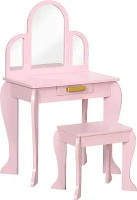 Produktbild von HOMCOM Schminktisch für Mädchen mit Spiegel und Hocker, Schminktisch für Mädchen von 3 bis 6 Jahren, Kinder-Schminktisch aus Holz mit rosa Schublade