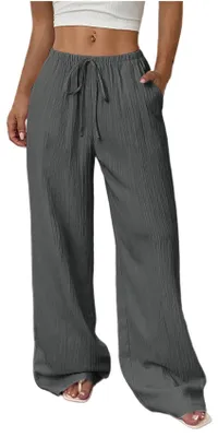 Image de Pantalon large pour femme ASKSA - Pantalon d'été léger - Pantalon de loisirs élégant en mousseline unie avec poches (gris foncé, taille S)