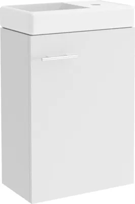 A white vanity unit with a sink on top, shown from a three-quarter front angle.